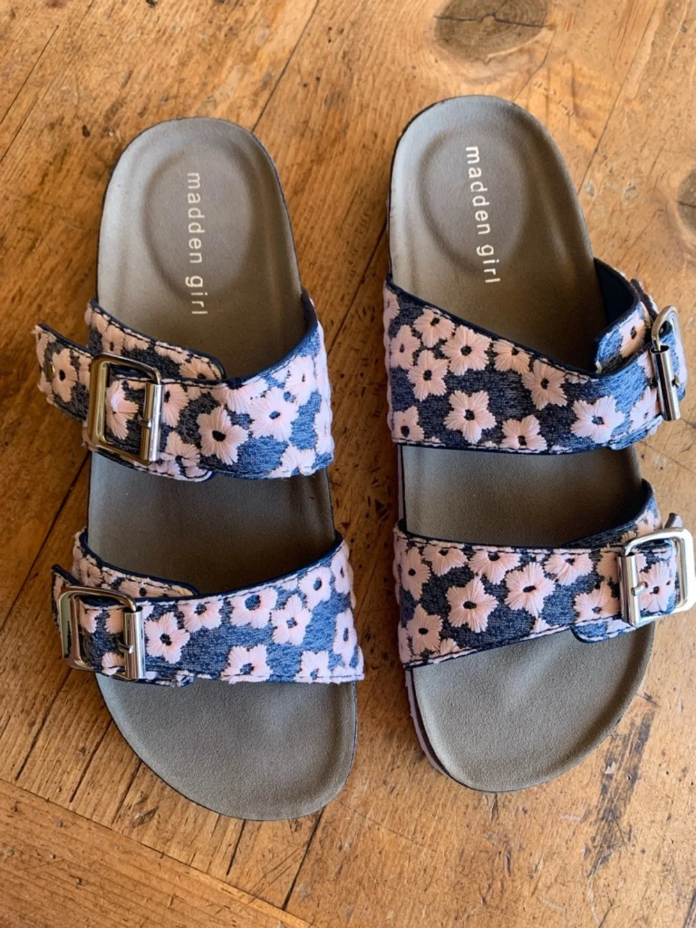Madden Girl Pink Floral Double-Buckle Slide Sandals - Picture 12 of 16